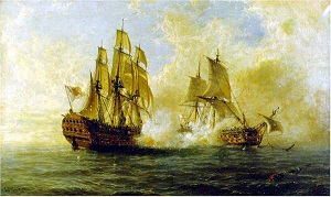 Cuadro del momento del combate, en el que el navío Darmouth explosiona. Pintado por Ángel Cortellini. Cortesía del Museo Naval de Madrid.