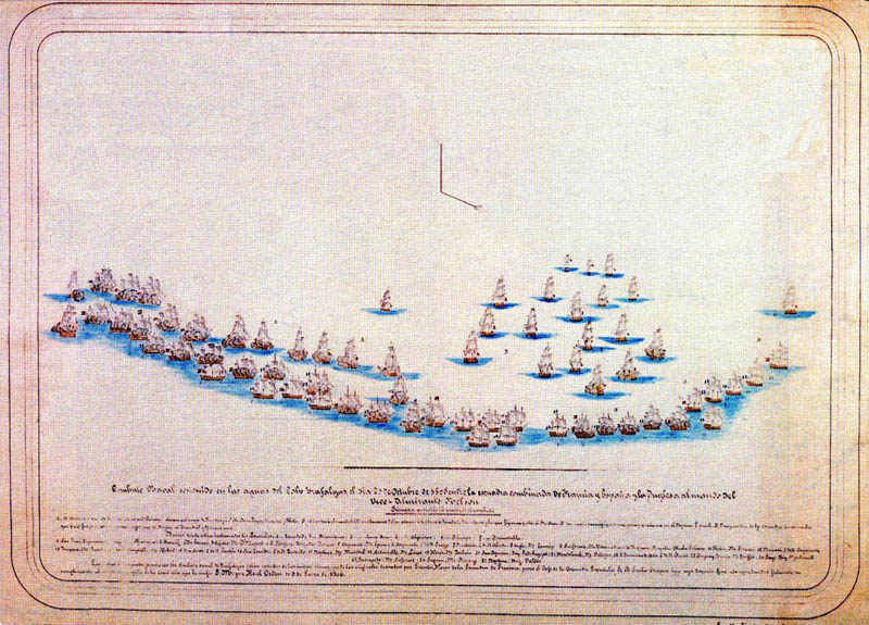 Dibujo de la primera posición de los buques de las dos escuadras realizado por el Mayor General de la Española don Antonio de Escaño.
