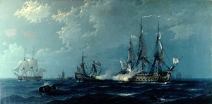  Óleo representando el combate del navío Princesa contra tres navíos británicos por Ángel Cortellini.