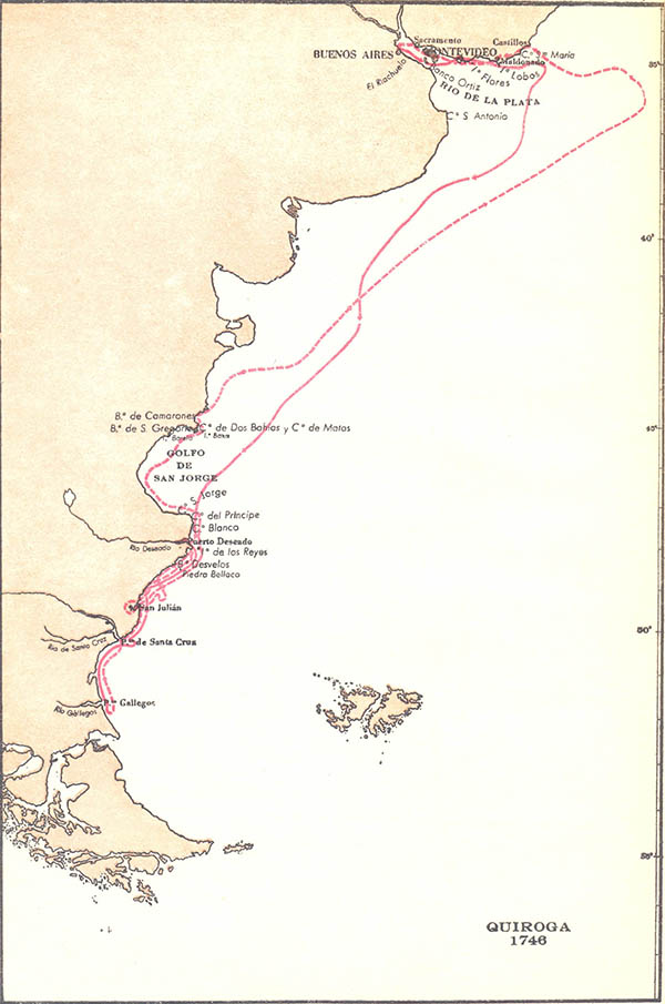 Mapa con la derrota del Padre Quiroga desde Montevideo al estrecho de Magallanes, para situar con sus coordenadas la mayor parte de los accidentes a lo largo de la costa.