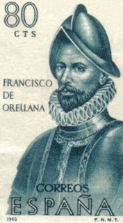 Foto del sello de 80 céntimos con el busto de don Francisco de Orellana. Primer explorador del río Amazonas.