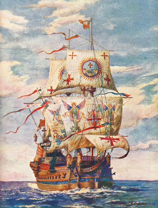 Pintura de G. Ferranz que representa al galeón San Martín navegando como regalo para el autor del libro F. Condeminas Mascaró.