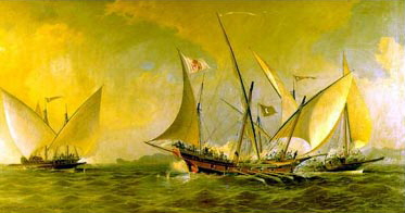 Óleo representado el momento de un combate entre jabeques en el Mediterráneo.