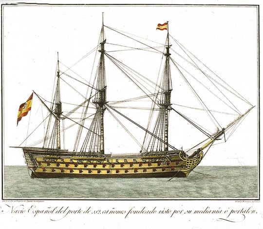 Navío español del porte de 112 cañones fondeando visto por su meridiana o portalón, por Agustín Berlinguero.