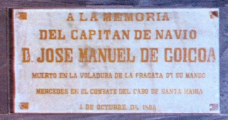 Lápida en el Panteón de Marinos Ilustres en recuerdo de don José Manuel de Goicoa y Labart. Capitán de navío de la Real Armada Española.