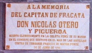 Lápida en el Panteón de Marinos Ilustres en recuerdo de don Nicolás de Otero Figueroa y de Cea. Capitán de navío de la Real Armada Española.