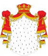  Dibujo de un escudo heráldico rodeado de un manto escarlata y una corona ducal.