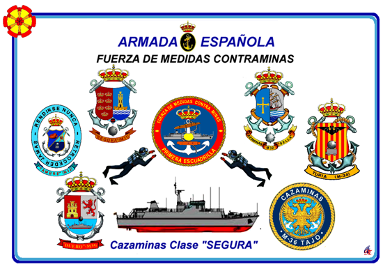 Dibujo: en la cabecera Armada Española centrado, en el medio de ambas palabras el escudo de la Armada, debajo centrado Fuerza de Medidas Contraminas, debajo también en el centro el escudo de la Primera escuadrilla contra minas en el centro, bajo de él dos buceadores a cada lado en diagonal como si lo sujetaran, bajo de ellos el dibujo del buque en el centro y debajo el título que dice: Cazaminas Clase Segura. La escuadrilla está compuesta por el M-31 Segura, M-32 Sella, M-33 Tambre, M-34 Turia, M-35 Duero y M-36 Tajo, dispuestos sus escudos los dos primero más altos, que el de la escuadrilla comenzando de izquierda a derecha, los dos siguiente un poco más bajos y más separados, del de la escuadrilla y los dos últimos a la altura del dibujo del cazaminas, algo más juntos que los anteriores pero no tanto como los primeros.
