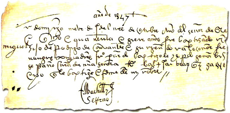 Copia de la Partida de bautismo de don Miguel de Cervantes Saavedra.