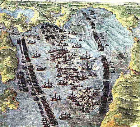 Óleo representando las dos formaciones navales en el combate de Lepanto.