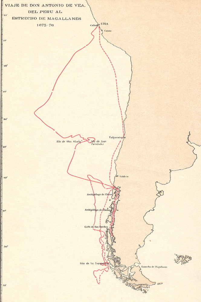 Mapa del Sur de América en el océano Pacífico con la ruta seguida por Antonio de Vea y Pascual de Iriarte.