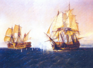 Óleo representando el combate entre los navíos Catalán y Mary, por Rafael Monleón.