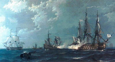 Óleo representando el combate del navío español contra los tres británicos de superior porte en cañones.