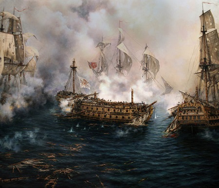 Óleo del final del combate del navío Glorioso enfrentado al Russell británico de 80 cañones.