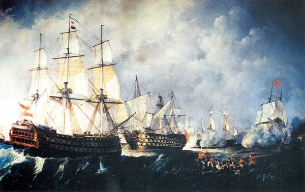  Óleo representando el momento en que llega al costado de Trinidad el navío Infante don Pelayo al mando de don Cayetano Valdés, obligando al primero a volver a izar el pabellón español.