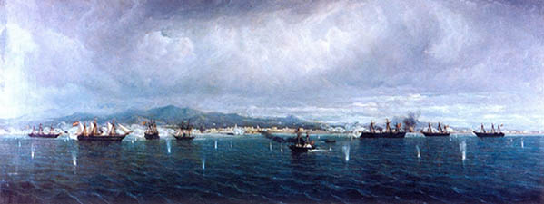 Óleo de la disposición de la escuadra española frente a las defensas del Callao por don Rafael Monleón y Torres.