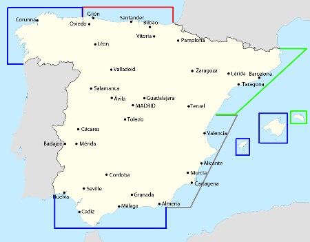 Mapa de España con la distribución por potencias extranjeras.