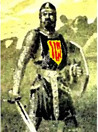  Retrato en blanco y negro representando a un soldado medieval con espada y escudo, embarcado en una nave con el escudo de Aragón a color en su pecho.
