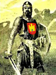 Dibujo en blanco y negro representando a un soldado medieval con espada y escudo, embarcado en una nave con el escudo de Castilla a color en su pecho.