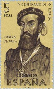 Sello de 5 peseta con el busto de don Álvar Núñez Cabeza de Vaca del año 1960.
