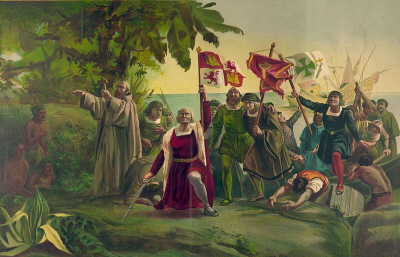 Cuadro representando la bajada a tierra de Colón.