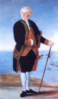 Retrato de cuerpo entero de Gabriel de Aristizábal y de Espinosa, posando en la bahía de Cádiz, como Capitán General de la misma que fue, con traje de gala y vara de mando.