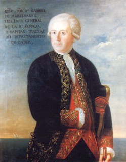 Retrato de medio cuerpo de don Gabriel de Aristizábal, con traje de gala, vara de mando e inscripción en el lado superior izquierdo indicando su nombre, rango en la armada y su cargo como Capitán General del Departamento de Cádiz.