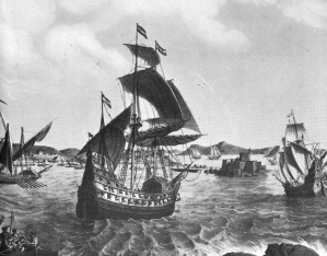 Grabado de u galeón saliendo del puerto de Ferrol atribuido a la expedición de Loaysa.