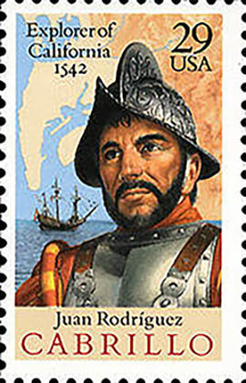 Sello emitido en los EE. UU. con una supuesta figura correspondiente a don Juan Rodríguez Cabrillo, descubridor y colonizador de la Alta California.
