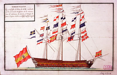  Dibujo representando al navío Miño engalanado en su visita a Constantinopla en 1787.
