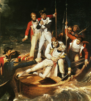 Retrato de Nelson en una lancha sujeto por sus compañeros.