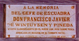 Lápida del Panteón de Marinos Ilustres en recuerdo de don Francisco Javier Winthuysen y Pineda. Cortesía del Museo Naval. Madrid.