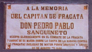 Placa en el Panteón de Marinos Ilustres de San Fernando en recuerdo de don Pedro Pablo de Sanguineto. Capitán de fragata de la Real Armada Española Francisco Javier de