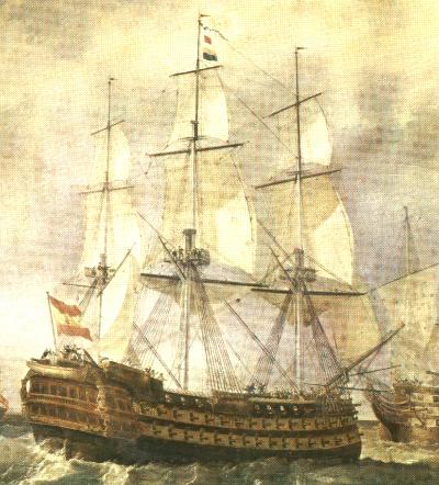 Óleo representando al navío Infante Don Pelayo, extracto de la obra de Antonio de Brugada.