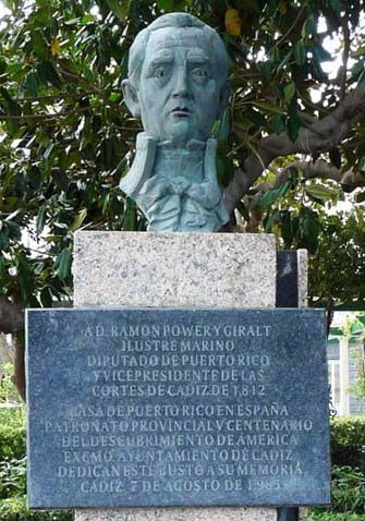 Escultura de don Ramón Vicente Power y Giralt. Capitán de fragata de la Real Armada Española. Diputado en las Cortes de Cádiz de 1812 en representación de la provincia de Puerto Rico, su tierra natal.