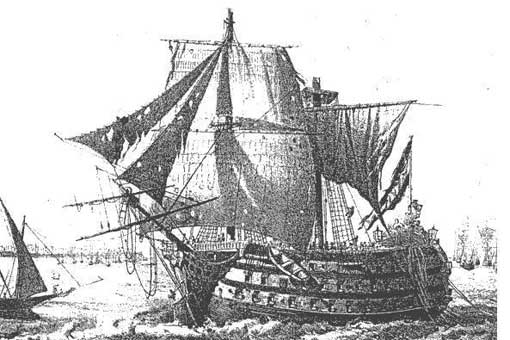 Óleo del navío San Julián tal como quedó después del combate del cabo de Santa María.