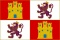 Bandera de Castilla, con cuatro cuadrantes, dos castillos en fondo rojo y dos leones morados rampantes sobre fondo blanco en diagonal