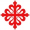  Representación de la Cruz de Calatrava, una cruz griega con los brazos terminados en forma de flor de lis, de color rojo.